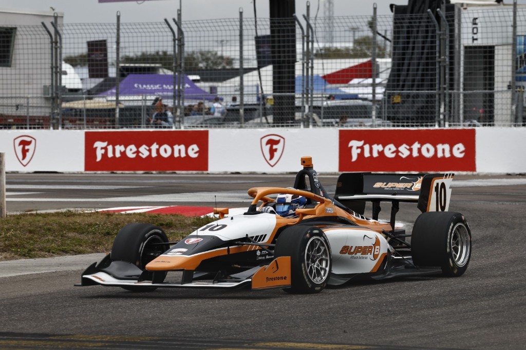 Niels Koolen driving the number 10 white and orange Super B Chip Ganassi Racing IndyCar at the St. Petersburg Grand Prix.